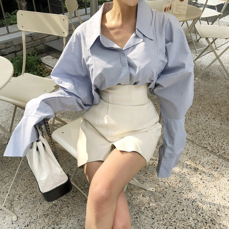 GALCAUR повседневная женская рубашка с отворотом и пышными рукавами Свободные корейские рубашки блузка женская летняя модная новая одежда