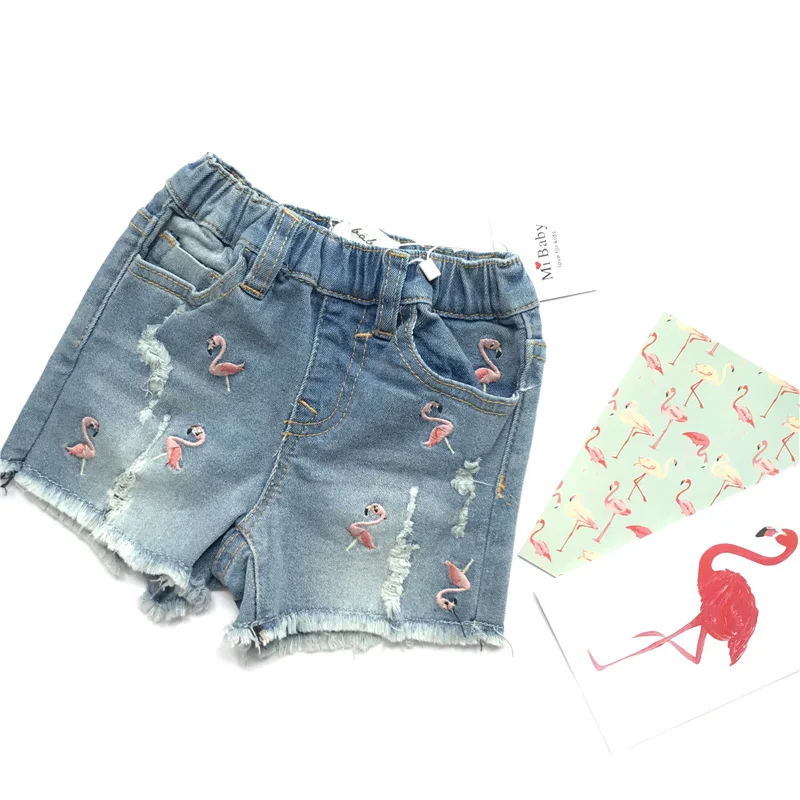 Джинсовые шорты для маленьких девочек, шорты с вышивкой фламинго и кисточками, эластичные шорты на резиновой резинке, эластичные