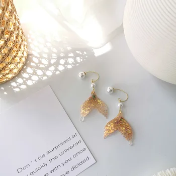

New Popular Dreaming Whale Tail Decorate With Sequins Earrings Trendy Pearl Ear Hook Party Gifts Pendientes Oorbellen