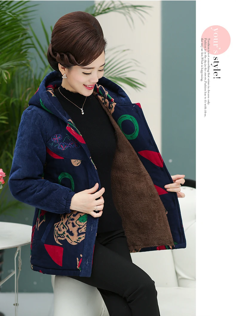 Winter Women Quilted Corduroy Coats Thick Fleece Plush Liner Hooded Jackets Chinese Padded Basic Coat With Hood Padded Outerwear