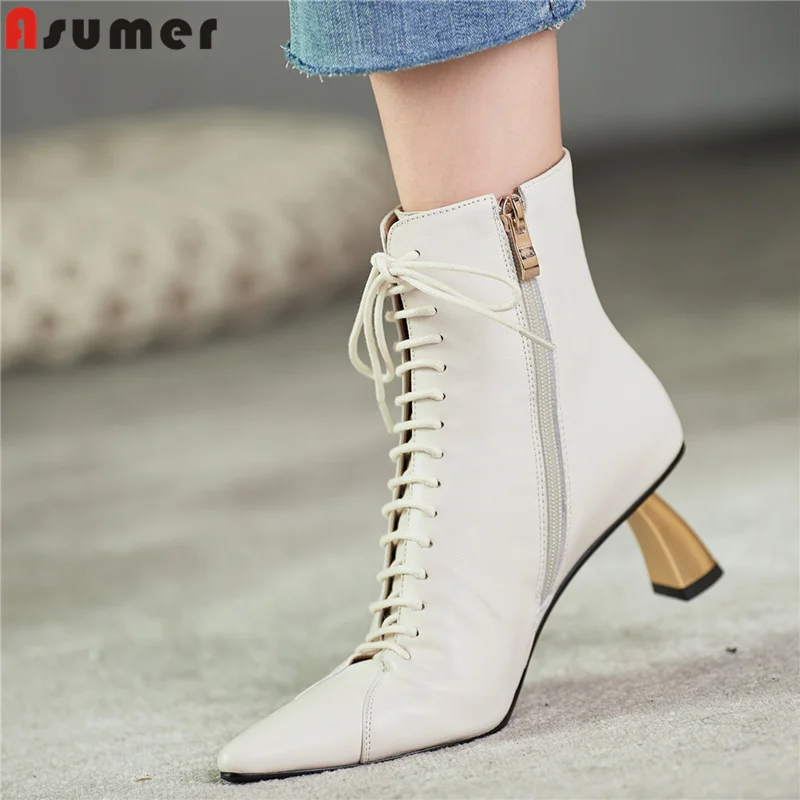 AUMER INS HOT Size 34-43 New women's genuine leather boots lace up high heels autumn winter sexy ankle boots female short botas