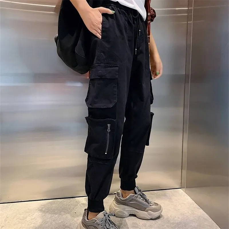 Осенние женские штаны карго хип хоп брюки BF Harajuku джоггеры с высокой талией Комбинезоны Свободные повседневные штаны черные брюки с карманами
