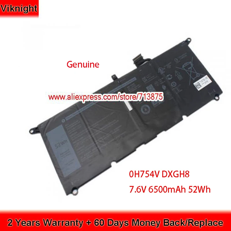 Подлинный 7 6 V 6500mAh 52Wh P82G 0H754V DXGH8 Аккумулятор для Dell XPS 13 9370 9380 FHD I5 13-9370-D1601S 13-9370-D1701G