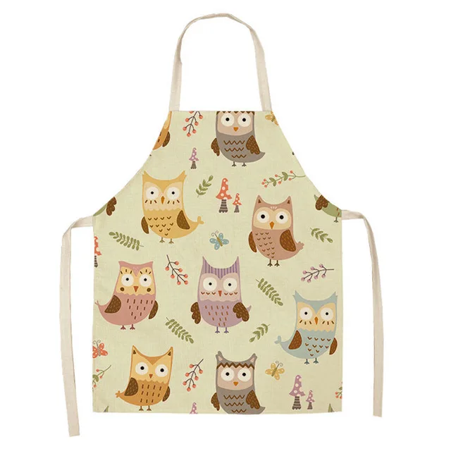 1Pcs Cartoon Owl Printed Kitchen Apron for Woman Sleeveless Cotton Linen Aprons For Cooking Home Cleaning Tools WQCN38