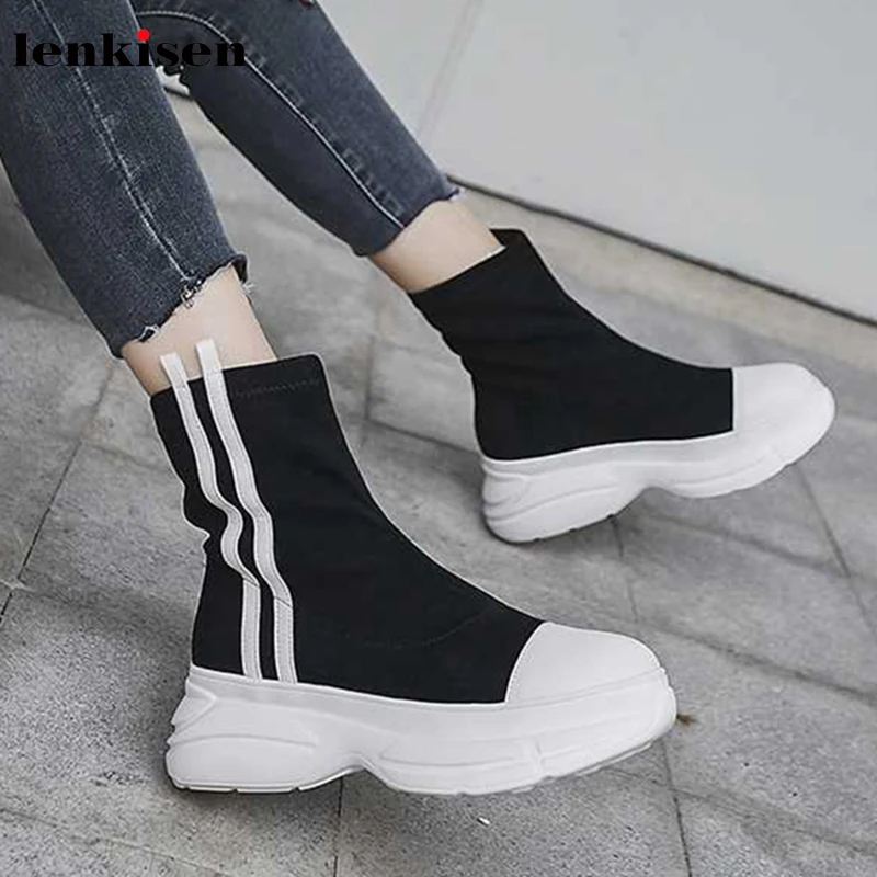 

Lenkisen Internet star thick bottom boots stretch flock round toe high heels mixed colors simple winter women ankle boots L51