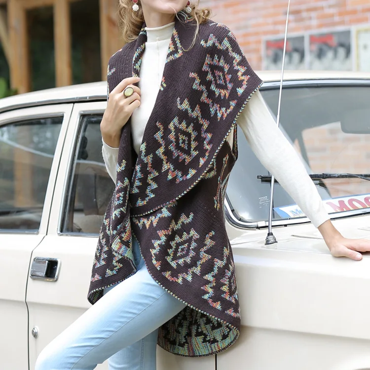 

Knit Cardigan Autumn and winter New European and American Jacquard Sweater Jacket Sleeveless Knit Cape Cloak Casual Large Size