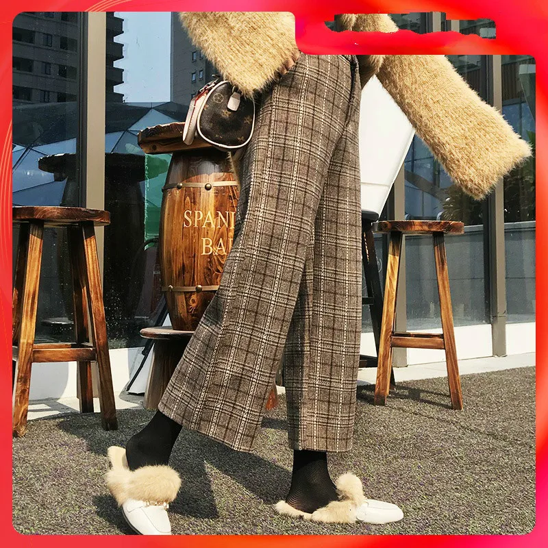 

[EWQ] Vintage High Quality Plaid Print Wide Leg Pants Korea High Waist Straight Woolen Nine Pants 2019 Autumn Winter New QL0130