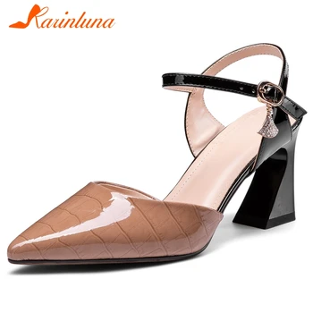 

KARINLUNA Genuine Leather Female 2020 Fashion Sandals Pointed Toe Mixed Color Rhinestone Office Women Sandals Women Shoes
