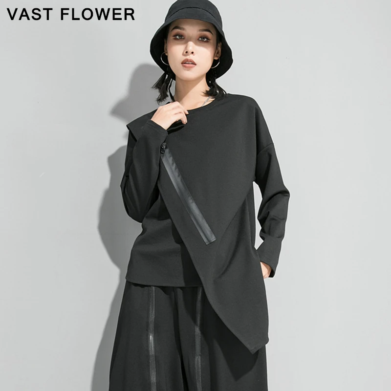 Женская Асимметричная черная футболка на молнии свободная Элегантная модная с