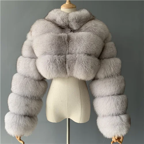 Light grey Роскошное Женское пальто из натурального Лисьего меха, короткий стиль, длинные рукава, высокая мода, женская куртка из натурального меха - Цвет: Light grey
