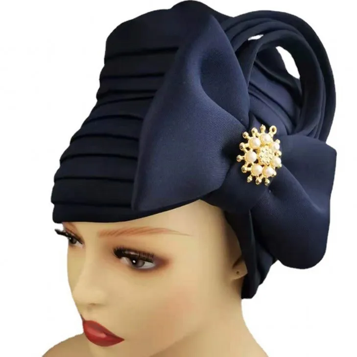 African Turbans Auto Gele Women Hat Dradped With Bow Bonnet Head Wraps Fashion New Solid Bandana African Headtie Hijab Caps 2021 african style clothing Africa Clothing