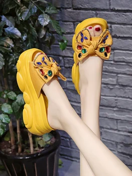 

F Women Bow Slipper Women'S Summer Fashion 2020 Versatile Thick Bottomed Platform Diamond Slippers Trendy Female Lady Shoes