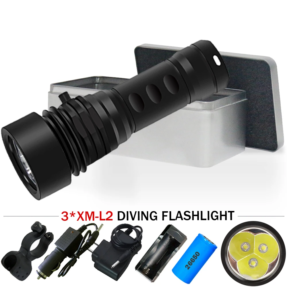 

120m underwater work light 3 led scuba flashlights 26650 rechargeable torch xm l2 waterproof lantern searchlight lampe tactique