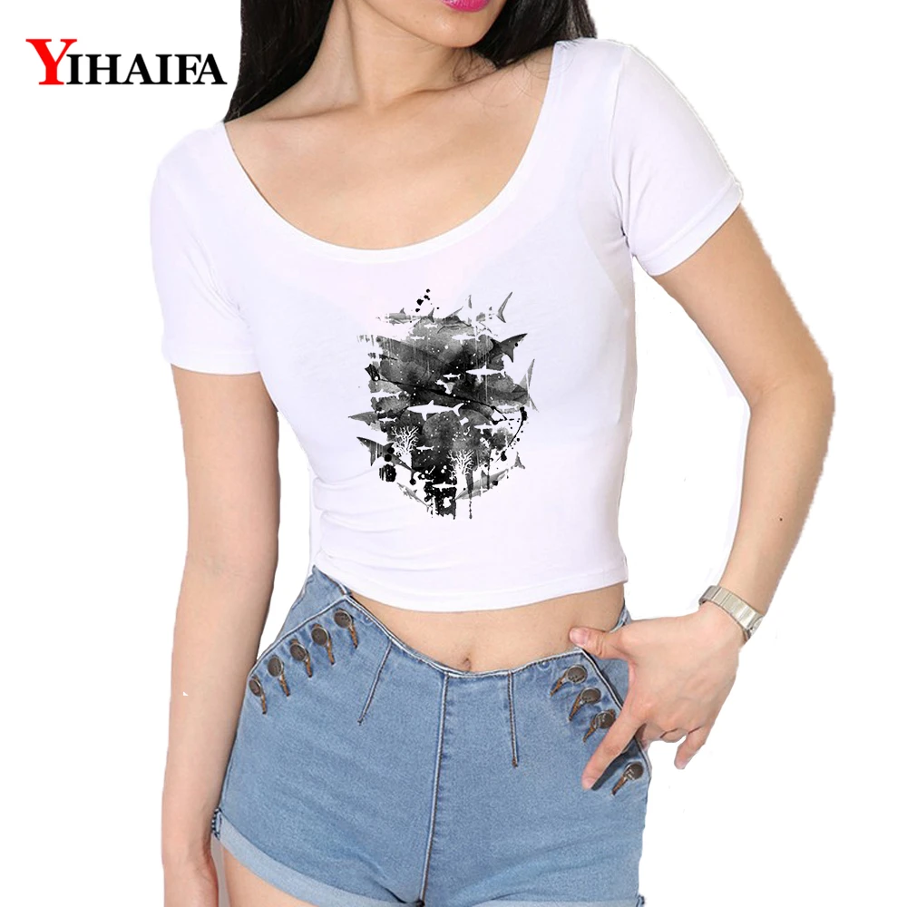 Женский укороченный топ YIHAIFA футболка с принтом рыбы и животных в стиле Харадзюку