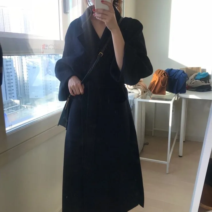 LUZUZI New Winter Coat Female Long Big Pocket Bandage Woolen Coat Women Loose Plus Size Abrigos Mujer Manteau Femme Hiver