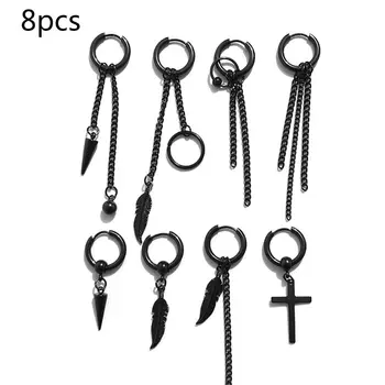 

8Pcs/Set Stainless Steel Stud Earrings Leaf Circle Ear Cuff Dangle Pendant Women Men Gothic Hip Hop Jewelry