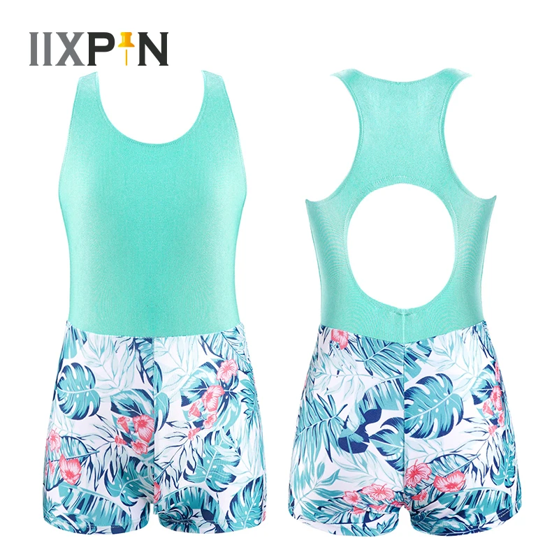 

Kids Girls Ballet Leotard Gymnastics Leotards Sleeveless Racer Back Cut Out Back Print Dance Short Jumpsuit Bodysuit Sportswear