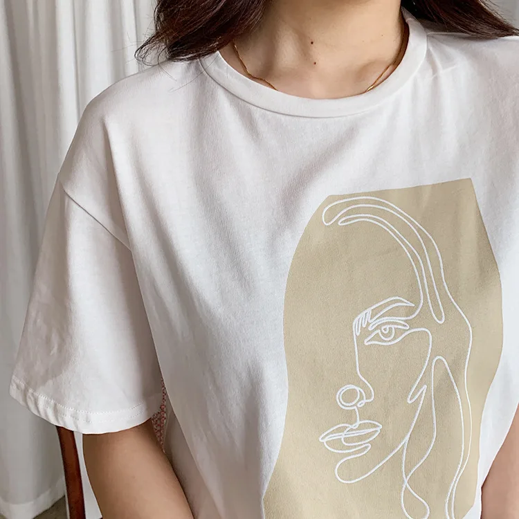 Abstract Print T-shirt Female Short Sleeve 2020 Summer New O-Neck Korean Women's Casual Tops Tees Harajuku