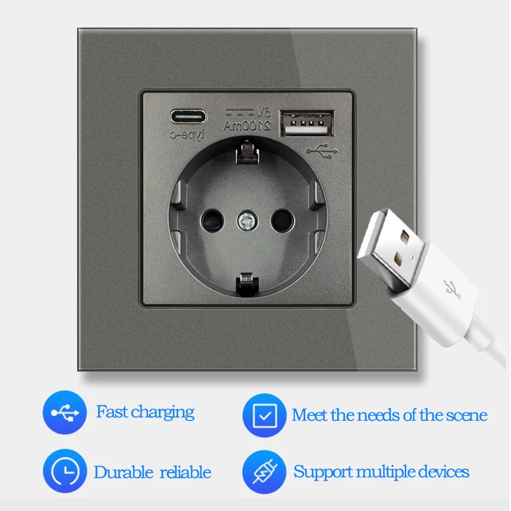 EU Standard USB 16A Wall Socket with Type-c Mobile Phone Charging