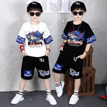 

New Kid 's Street Dance Clothes Fashion two pieces Hiphop Short Sleeve T-shirt Summer Boy Sports Shirt and Trousers 20A037AEJS43