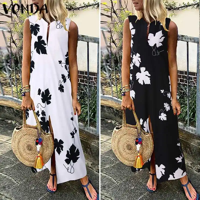 

Fashion Women Printed Dress Summer Sleeveless Party Dress VONDA 2019 Casual Loose Robe Femme Bohemian Beach Sundress S-5XL