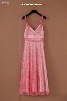 

Runway Autumn Sexy Party Spaghetti Strap V-Neck Sleeveless Dresses Women Empire Dot Print Mesh Midi Hot Sale Dress Vestdios
