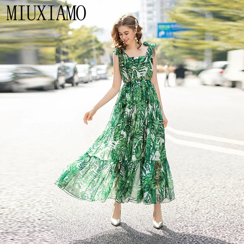 MIUXIMAO, высокое качество,, подиум, дизайнерское, весеннее платье, Зеленый лист, с принтом, элегантное, повседневное, Пляжное платье, длинное платье для женщин, vestidos