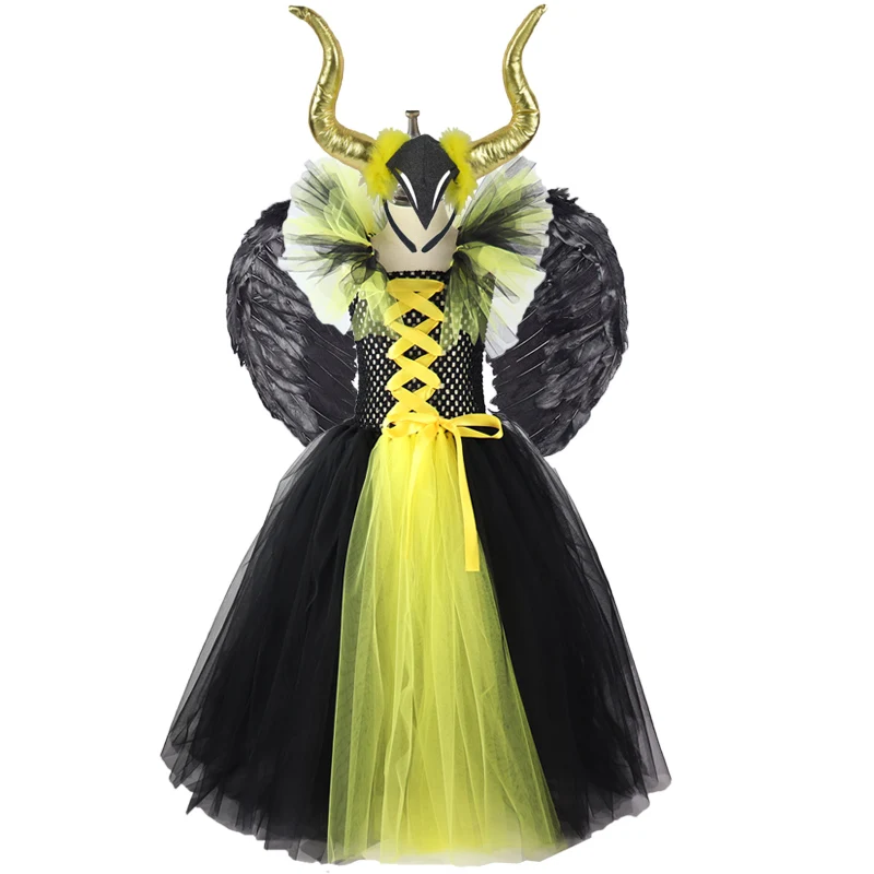 3 pcs set yellow Детский рог, крылья Малефисента, королева, платье-пачка для девочек, костюм на Хэллоуин для детей, рождественские праздничные платья для девочек, детская одежда XX - Цвет: 3 pcs set yellow
