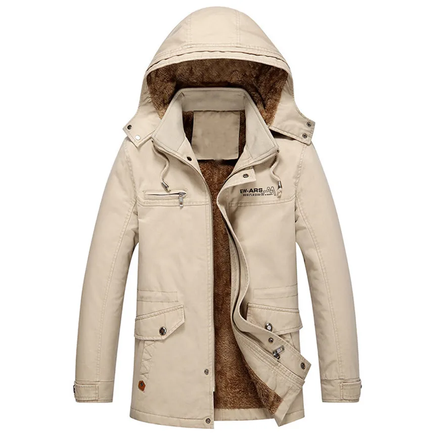 Men Winter Casual Hoodie Warm Jacket Medium Length Thickening Velvet Cotton Outwear Slim Windbreaker Coat - Цвет: Beige