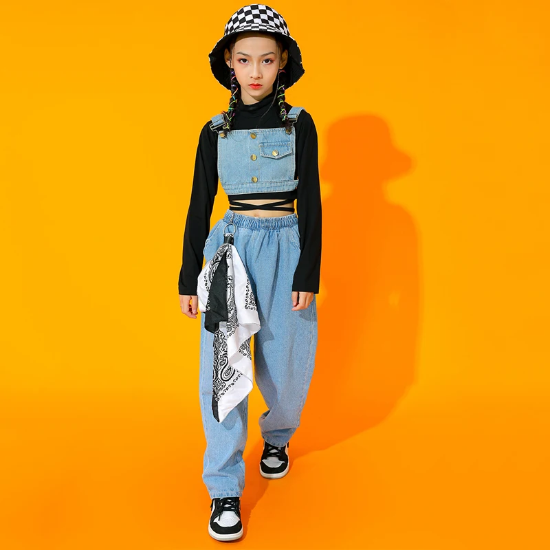 Jazz Costume Girls Hip Hop Clothes Denim Long Sleeves Performance Outfit Modern Street Dance Clothing Kids Rave Clothes BL7230