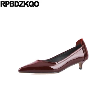 

Nude 2019 Kitten Genuine Leather Elegant Shoes Women Low Heels Discount Thin Patent Wine Red Pointed Toe Size 4 34 Brand Pumps