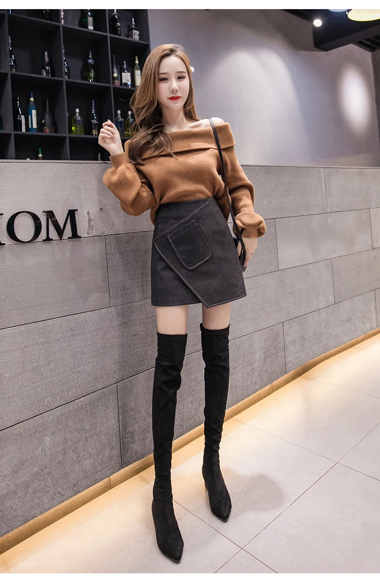 winter woolen mini sexy skirt womans fashion asymmetrical skirts female stripe patchwork pocket elegant black jupe femme