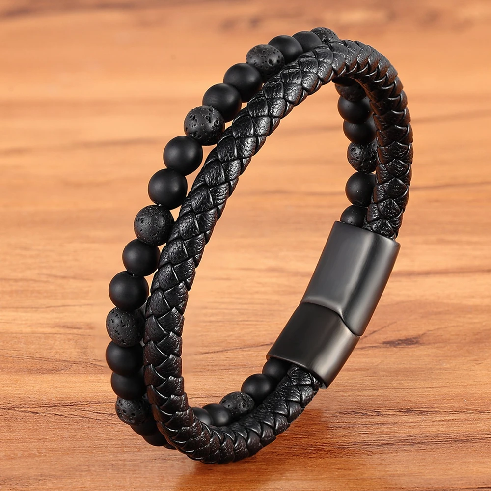 Leather Bracelet TYO Men Natural Stone Beads Double Layer Stainless Steel Magnetic Clasp