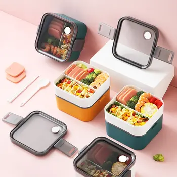 

Portable 2 Layer Healthy Lunch Box Food Container Microwave Oven Lunch Bento Boxes With Cutlery Lunchbox
