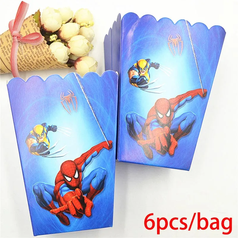 6pc Popcorn Boxes 24 шт. карточки-топперы с человеком-пауком, декоративные подставки для кексов, тортов, десертов, вставленных карточек, свадебных тортов для детей, вечеринок - Цвет: 6pc Popcorn Boxes