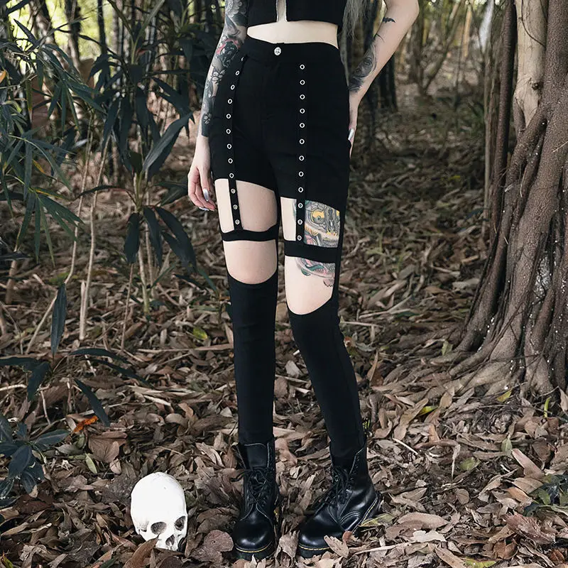 

Black Punk Style Women Full Pants Fall-Winter Gothic Punk Mid Waist Button Close Fitting Hallow Out Rivet Jean Pants