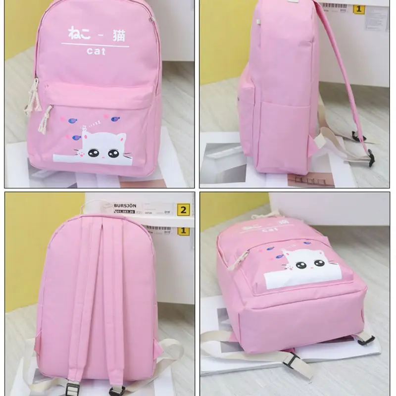 5pcs Adorable Cute Cat Print Canvas Women Girl Backpack Laptop Daypack Student School Shoulder Bag Bookbag Pencil Case Purse Set