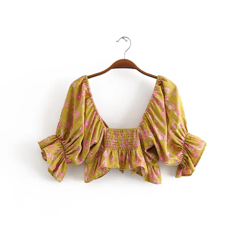 Everkaki Boho печати лук короткая блузка Топы женские спинки Короткие рукава с оборками эластичный Топ Блузки женские Лето Осень новинка