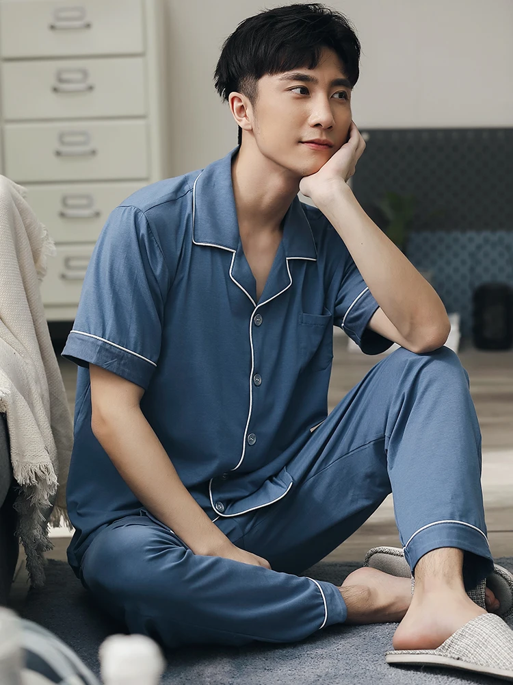 Men Modal Pajamas Set Short Sleeve+Trousers Man Sleepwear Nightwear Home Clothes Pyjamas Blue Pj Set Pijamas Homme High Quality