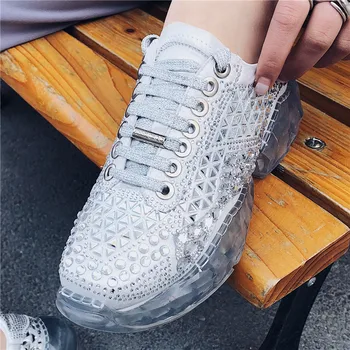 

Spring Fall Rhinestone Cow Leather Casual Sneakers Lace-Up Clear Botttom Women Shoes Flat Square Toe Sports Running Size 33-43