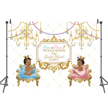 

Gender Reveal Photography Background Prince or Princess Chandelier sofa Backdrop Baby Shower custom backgrounds photocall photo