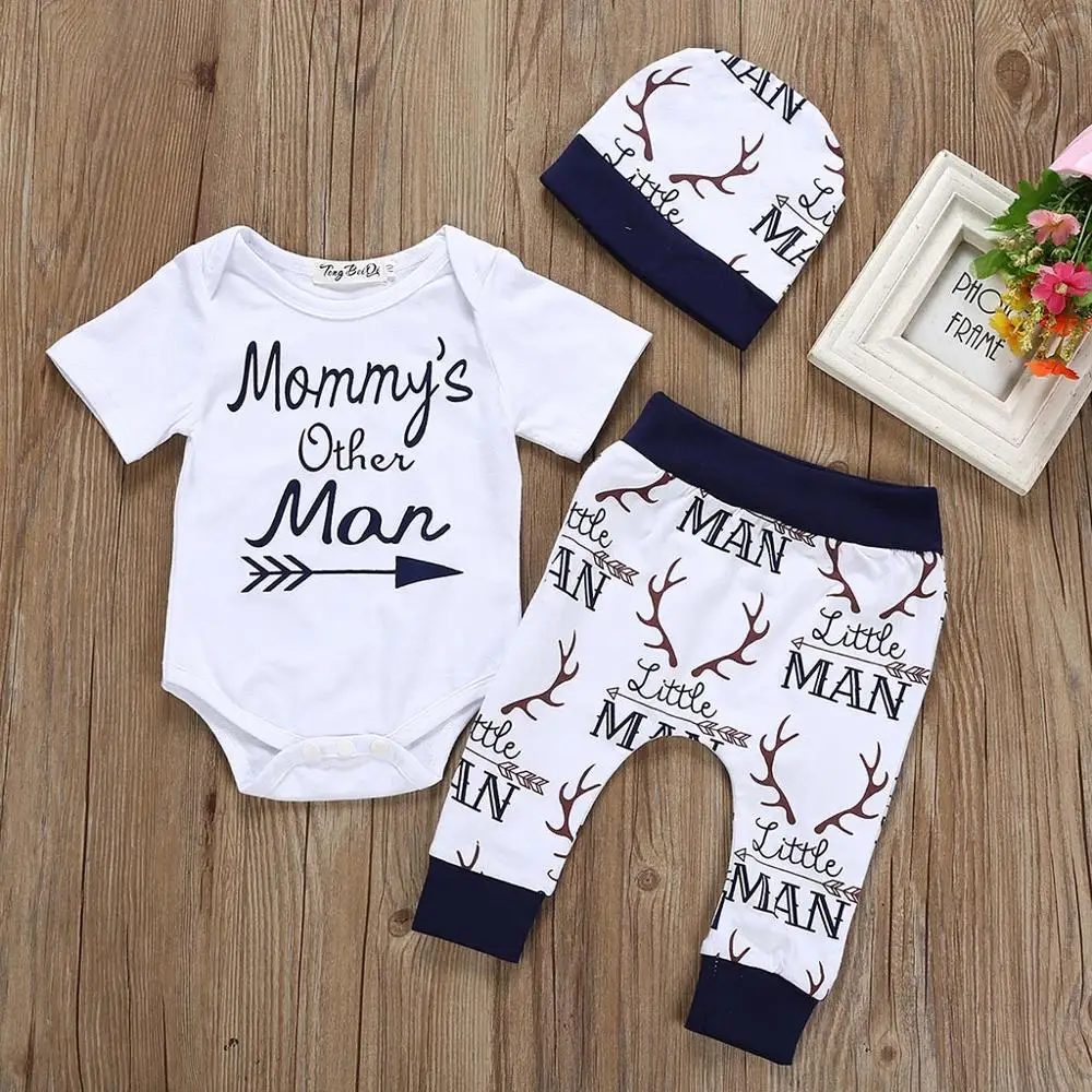 

Newborn Kids Baby Boy Outfits Clothes Letter Print Romper Jumpsuit Tops +Pants+Hat Set Baby Clothes Leggings Outfits Clothing