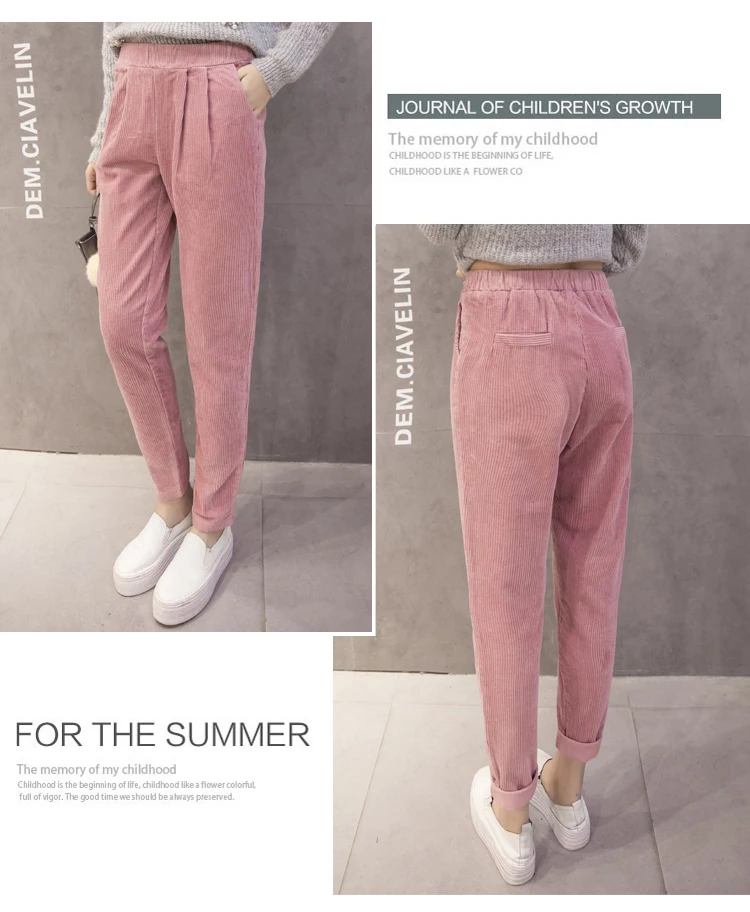 Женские брюки корейские розовые шаровары с эластичной талией осенние зимние вельветовые брюки повседневные Черные Брюки Большие размеры брюки S-5XL