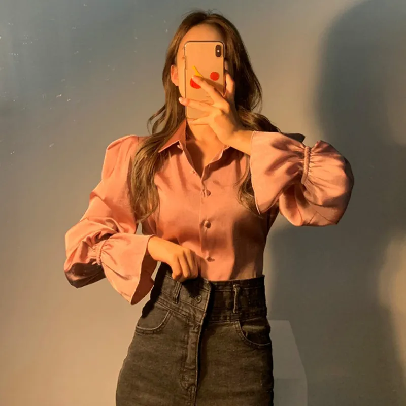 Neploe Chic Retro Turn Down Collar Puff Long Sleeve Stain Blouse Slim Fit Single Breast Blusas Back Lace Up Bow Design Shirt New