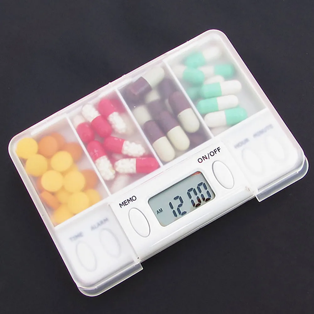 4 сетки Смарт таблетки электронный таймер напоминание медицинский контейнер семья путешествия таймер таблетки коробка для хранения лекарств сепаратор таблетки containe - Цвет: Белый