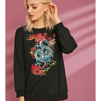 

Women Dragon Printed Chinese Style Pullover Sweatshirt Casual Long Sleeve Fashion Street K-POP Tops 2020 New Autumn Spring