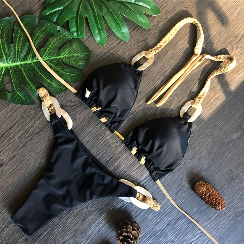 Weave triangle swimsuit separate biquinis women new two piece suit Ring sexy bathing suit swimming Halter micro swimwear