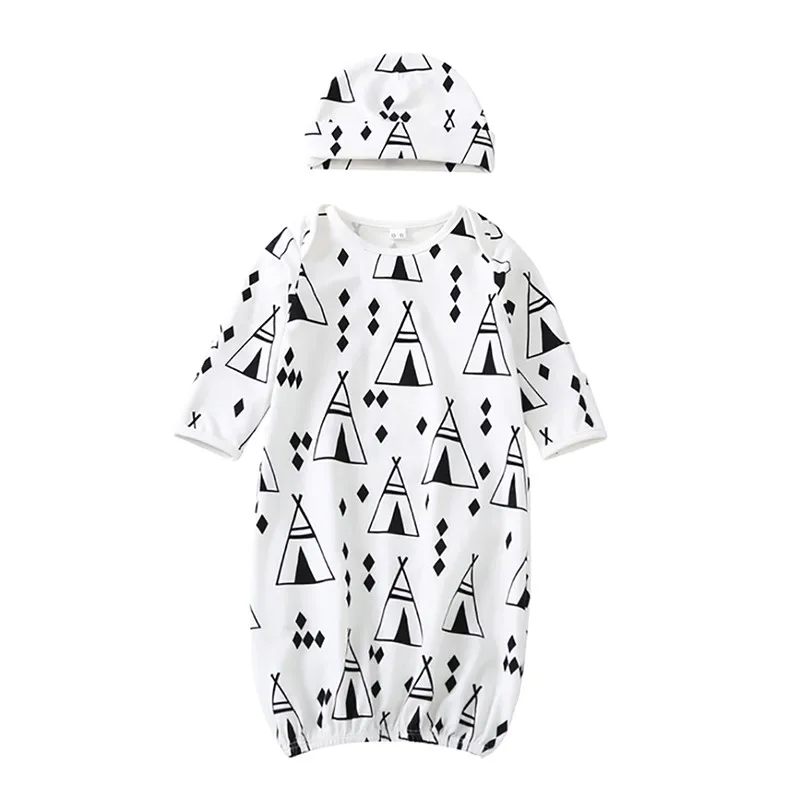 

2020 Spring Autumn Cotton Casual Baby Pajamas Sets Long Sleeve Print Infant Baby Nightclothes Night Gown + Hat 2Pcs Sleepwears