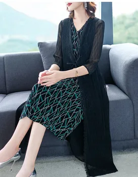 

Fashion Fake Two-piece Printing Large Size Dress Autumn New Women's Loose Miyake Pleated A-line Dresses