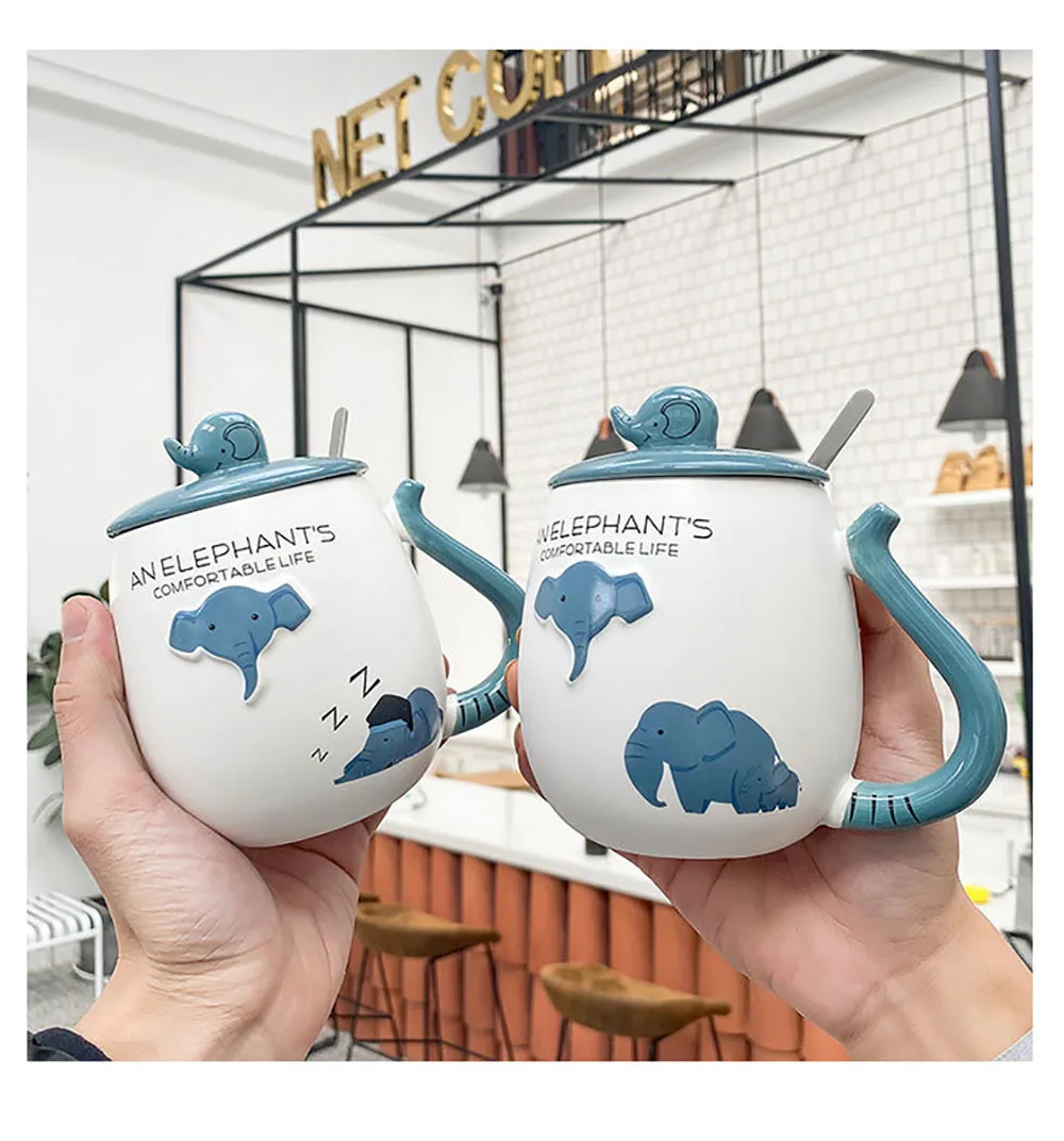 Керамическая Кофейная Кружка С Рисунком Слона из мультфильма, с крышкой, с милым рисунком, чашка для молока, фарфоровая кружка с крышкой
